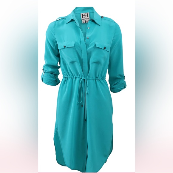 haute hippie shirt dress w waist drawstring knee length 100% silk green